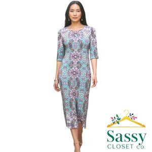 Maggy London Jewel Tone Purple Blue Sheath Dress Midi Back Zip Women’s 8 EUC